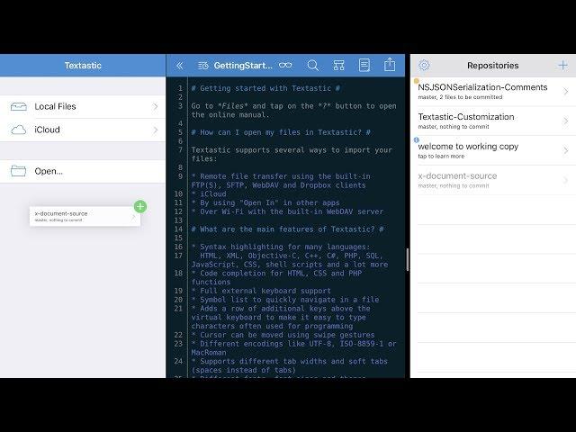 Using Drag and Drop on iOS 11 to Open a Git Repository in Textastic 6.4