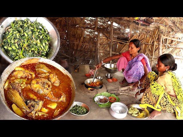 rohu fish curry with vegetables & water spinach fry cooking by our santali tribe women||rural India