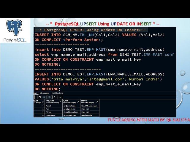 PostgreSQL UPSERT Using Update OR Insert, Merge SQL statements , Upsert with ON CONFLICT #VD74