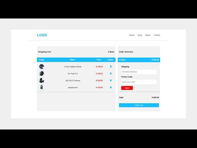 Cart Page Design | Delete Single Item From Cart | Promo Code Validation | HTML, CSS & JavaScript