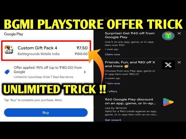 BGMI TRICK TO GET UNLIMITED PLAYSTORE OFFER | HOW TO GET 95%, 60rs, 80rs & 40rs PLAY STORE OFFER