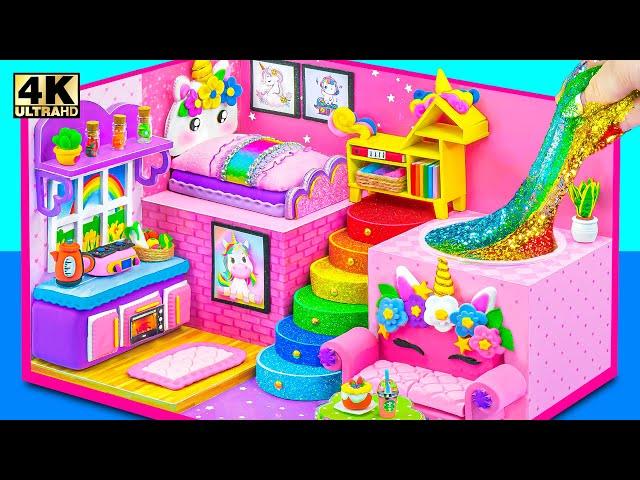 How To Make Pink Unicorn House with Bunk Bed, Rainbow Stairs from Polymer Clay | DIY Miniature House