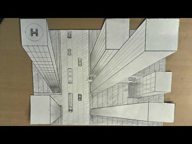 How to draw - one point perspective, 3d illusion, high-rise buildings