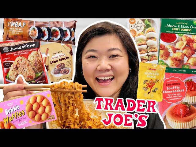 Trying NEW ASIAN FOOD at TRADER JOE'S 2024! (kimbap, bubble waffles, boba mochi, noodles + more)