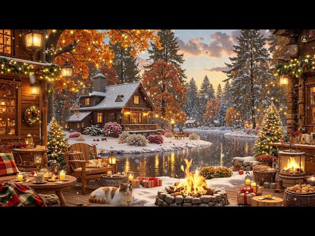 Cozy Cabin Coffee Shop  Relaxing Jazz & Fireplace Ambience by the Lakeside for a Peaceful Winter