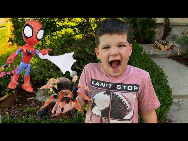 CALEB and MOMMY LOOK for SPIDERS & OPEN NEW SPIDEY & FRIENDS TOYS from HASBRO! BACKYARD BUG HUNT