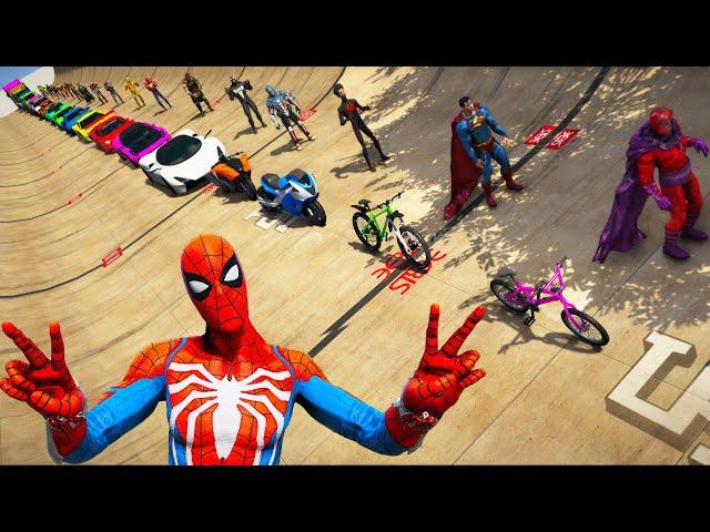 Spider-Man and Heroes Mega Ramp Challenge on Motorbikes, Cars, Trucks and Bicycles GTA 5 MODS