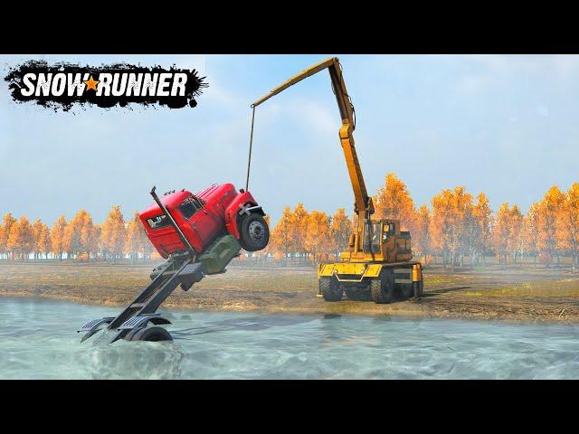 SnowRunner - Z2 B 2C Crane Truck Lifts A Truck From The River