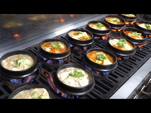 Making homemade soft tofu stew, bean curd - Korean street food