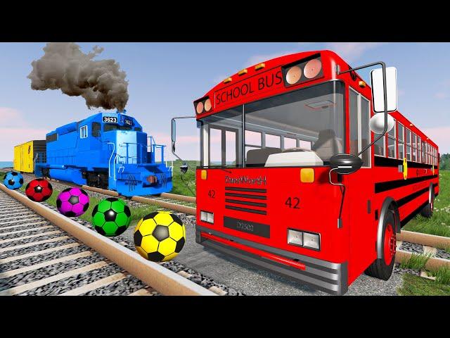 Bus vs Rails and Trains - Funny Cars vs big & small Police cars and flatbed trailer truck rescue car