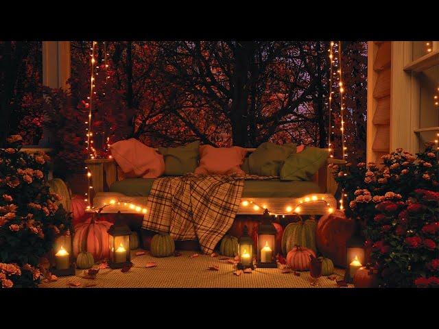 Autumn Night Porch Swing Ambience | Fall Night Sounds, Crickets, Owls, Falling Leaves