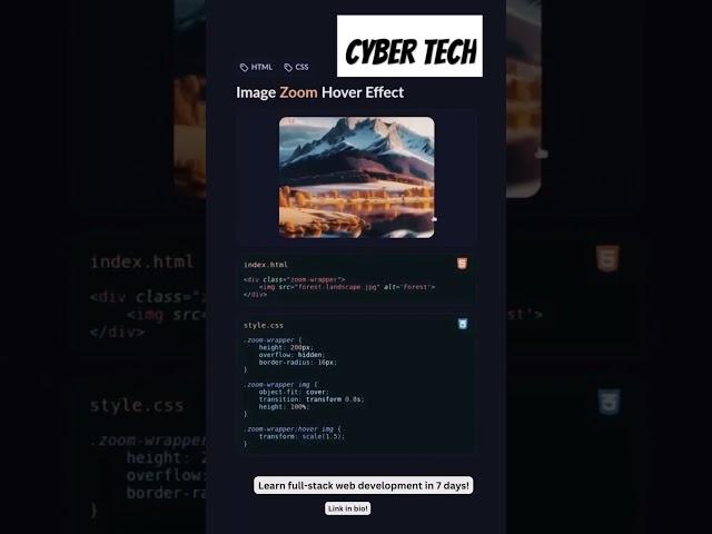 Image zoom hover effect with Html and css #html #webdesign #html5 #cybertech #css #css3  #htmlcss