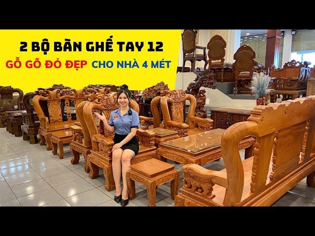 CẬN CẢNH 2 bộ bàn ghế tay 12 gỗ gõ đỏ liền tấm hàng đẹp cho nhà 4 mét