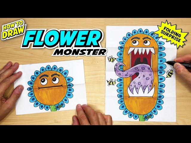 How to Draw FLOWER MONSTER folding surprise art project - Easy Steps