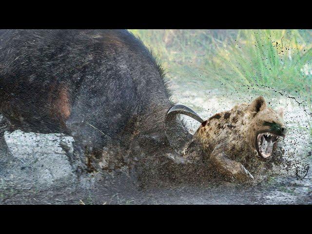 Extreme fight Buffalo vs Hyena to save her baby, Wild Animals Attack