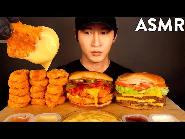 ASMR CHEESY SPICY CHICKEN NUGGETS, CHICKEN SANDWICH, TRIPLE CHEESEBURGER MUKBANG (No Talking)