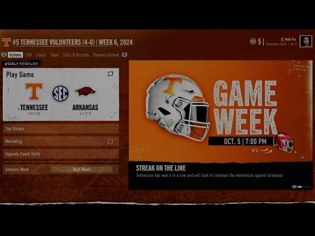 College Football 25 Dynasty Gameplay Season 1 Week 6 Tennessee versus Arkansas