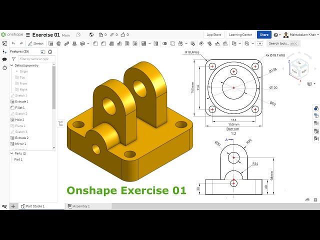 Onshape tutorial Exercise 01 Extrude, Hole, Fillet, Plane and Mirror