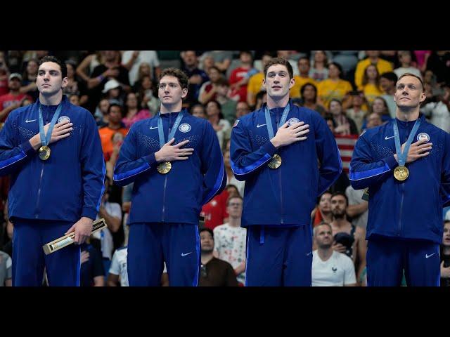 Team USA wins first gold of Paris Olympics in men's 4X100 freestyle swimming relay 7/27/2024.