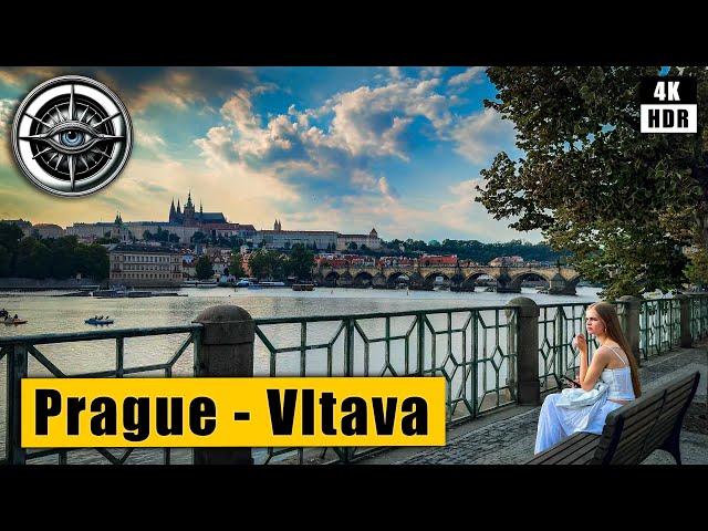 Prague Vltava River Promenade - Sunset Walking Tour 4k  Czech Republic HDR
