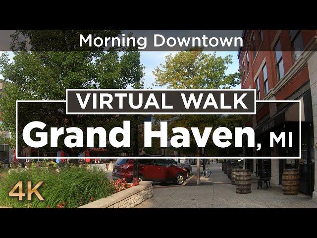 4k Virtual Walk -- Morning walk through Downtown Grand Haven, Michigan to the South Pier Lighthouse