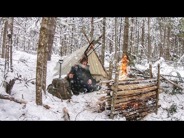 SOLO WINTER Bushcraft CAMP in Snow Covered Forest post Snowstorm | Shelter Build & Cowboy Coffee