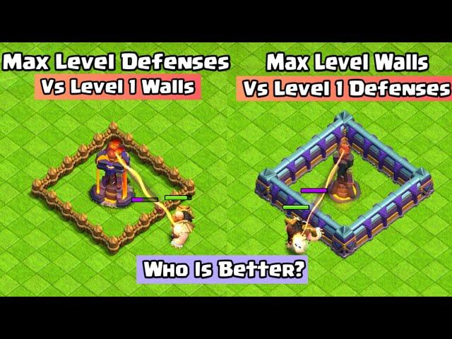 Max Walls + Level 1 Defenses Vs Level 1 Walls Vs Max Defenses Clash Of Clans