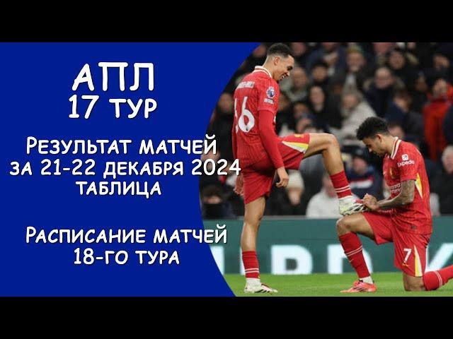 АПЛ 17 тур результат матча за 21- 22 декабря. Турнирная таблица. Расписание 18го тура