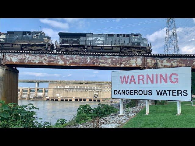 6 Trains Crossing LONG Vertical Lift Bridge Next To Huge Dam & "Dangerous Waters" Of Tennessee River