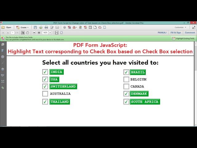 PDF Form Script to Highlight Text corresponding to Check Box based on if Check Box is Checked