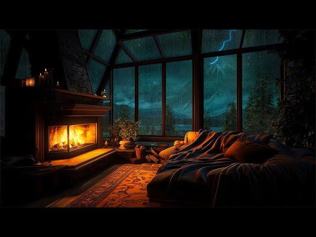 Cozy Living Room  | Thunderstorm & Warm Fireplace | Deep Sleep, Study, and Relaxation Sounds