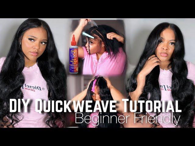 DIY MIDDLE PART QUICKWEAVE TUTORIAL |BEGINNER FRIENDLY  + 1 Month Hair Update ft . UNice Hair