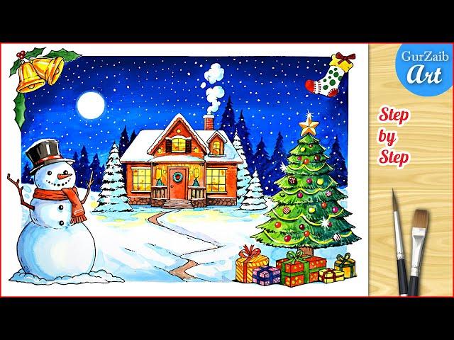 How To Draw Christmas Drawing / Winter scenery Painting / step by step for beginners