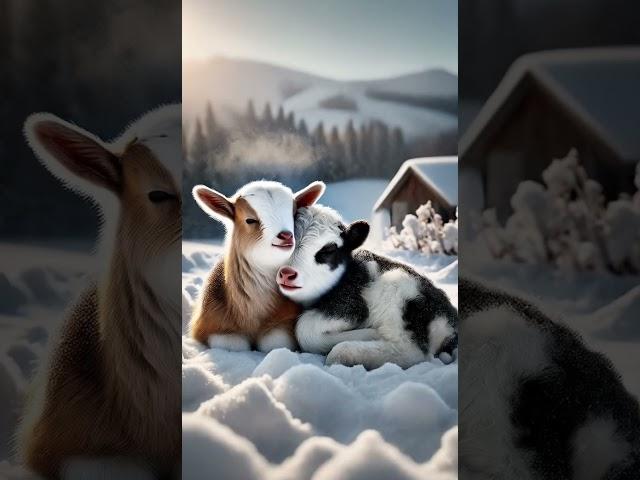 Baby Goat and Baby Calf Snuggling in the Snow | Heartwarming Winter Moment  #cute #cozyrelaxingtimes