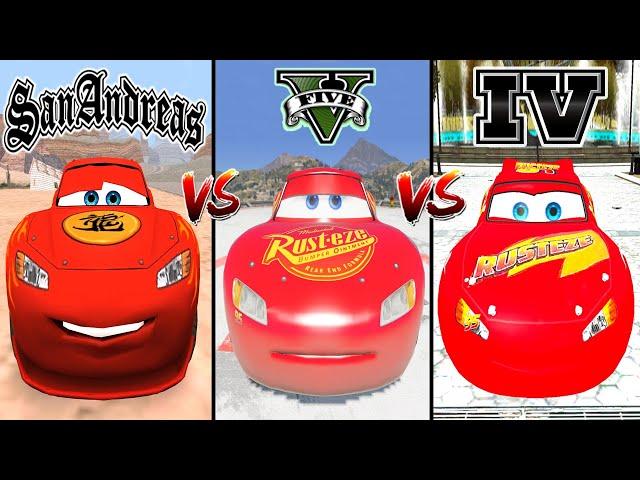 GTA San Andreas Lightning McQueen vs GTA 5 Lightning McQueen vs GTA 4 McQueen - Which is best?