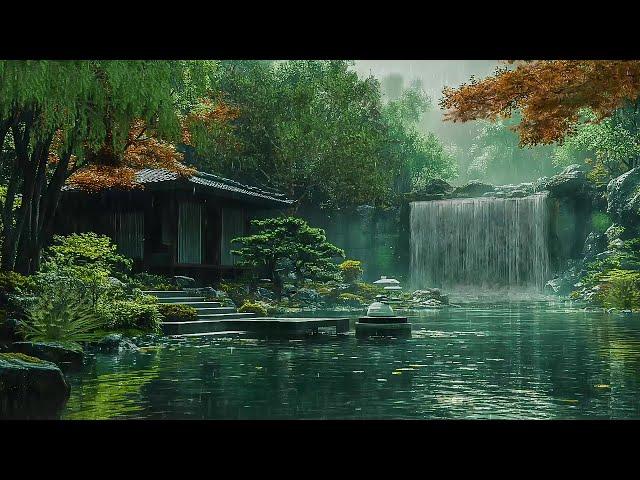 Zen Garden On Rainy Day  Heavy Rain And Waterfall Sounds For Relaxing - Deep Sleep Ambience