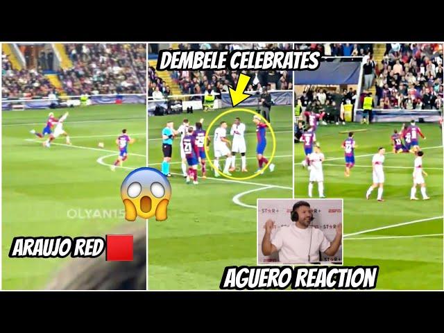 Dembele celebrates Araujo red card and Aguero reaction to Raphinha goal