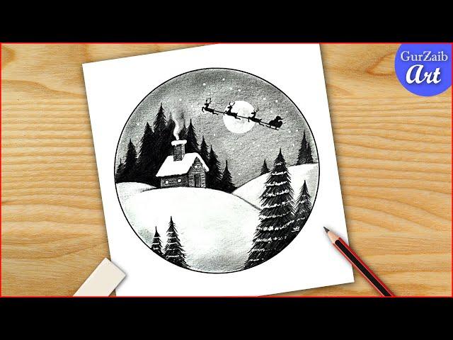 Christmas scenery drawing with pencil shading -Easy Christmas art