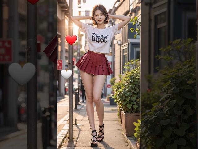 AI Lookbook Quickness Test #57 - Street White T-shirt + Red Pleated Skirt Female Model l Game