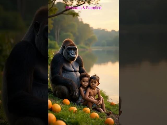 "A Unique Bond: Gorilla and Children in Nature"#gorillatrekking #wildwonders #monkey #funny