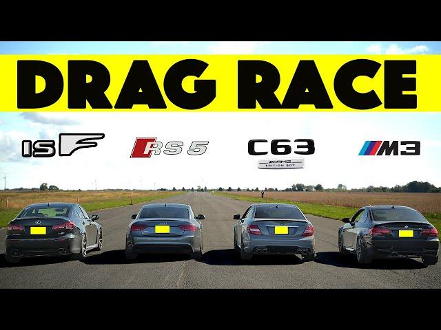 Old Timers! BMW E92 M3 Comp vs Mercedes C63 AMG 507 vs Audi RS5 vs Lexus ISF. Drag and Roll Race!