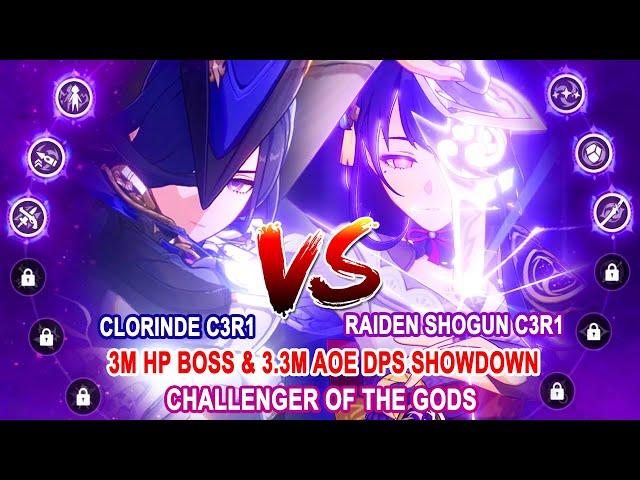 Clorinde C3R1 vs Raiden Shogun C3R1 DPS Showdown : 3M HP Boss & 3.3M AOE | Challenger of the Gods