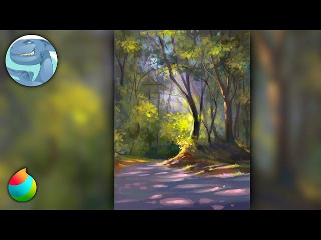 Forest landscape with path - Digital landscape painting in Medibang Paint Pro - Time lapse video