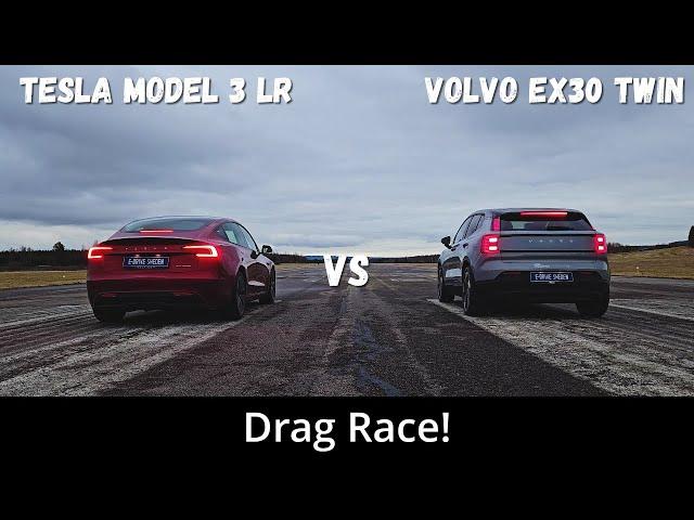 2024 Volvo EX30 Twin Motor Performance 428hp vs 2024 Tesla Model 3 Long Range 390+hp | Drag Race |4K