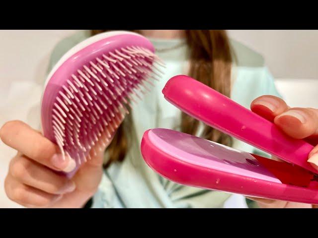 ASMR Brushing, Combing + Straightening your hair | actual camera combing | Spray sounds | No talking