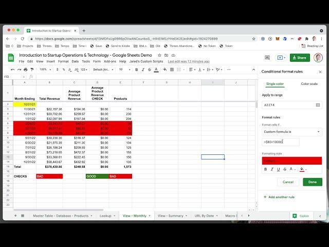 5.7.4.2 Conditional Formatting in Google Sheets with a Custom Formula