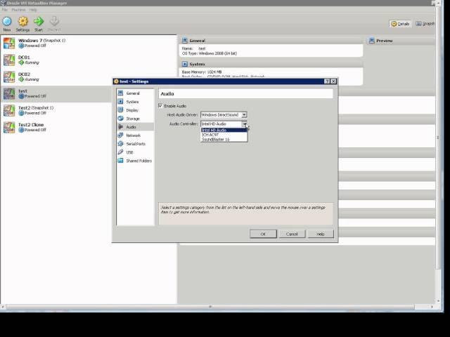 How to configure audio settings for a virtual machine in VirtualBox manager