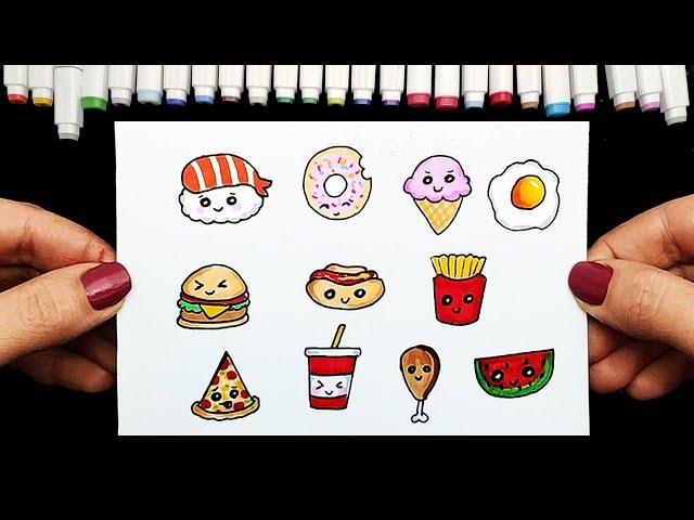 Cute food drawings for sketchbook | How To Draw Cute Food | Yulka's easy drawings for sketching.