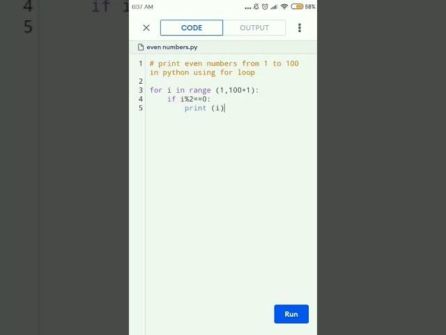 print even numbers from 1 to 100 in python using for loop. #shorts #shortsvideo