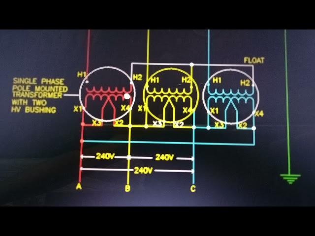 Transformer connection WYE-DELTA, 13.2 kV-480V, 13.2kV-240V, 3 phase, 4 wire with high leg